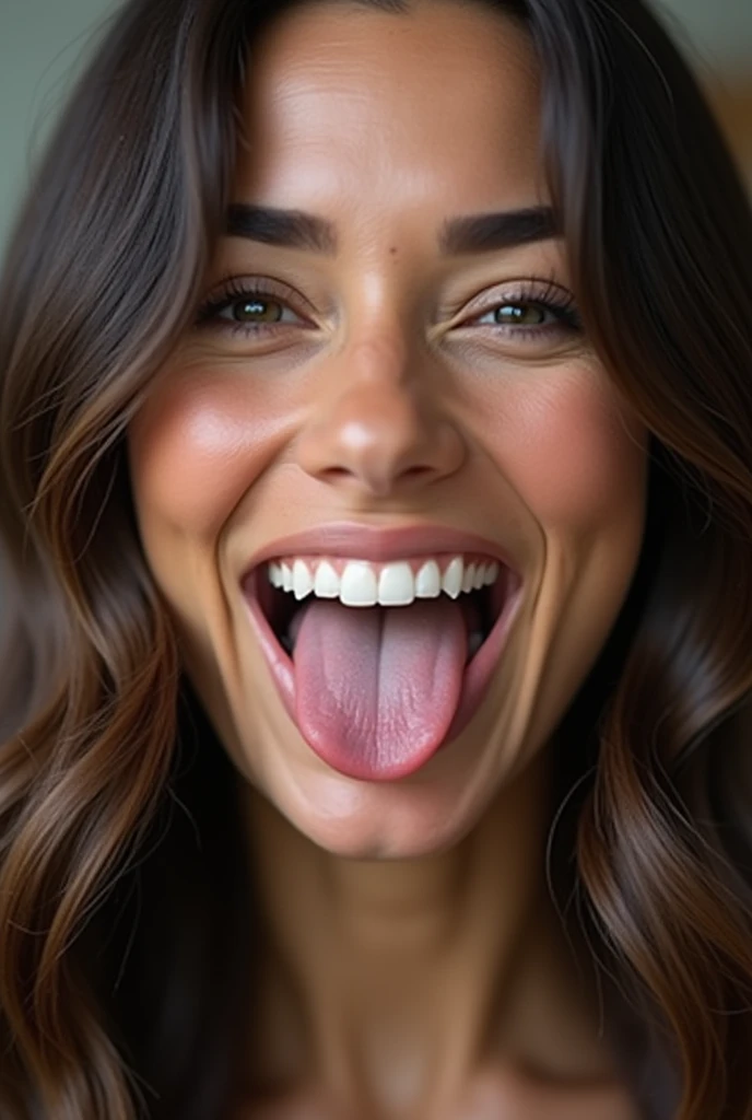 Close up of the face of a very beautiful and glamorous 30 year old Caucasian woman、she has a dark brunette One-length Perfectly straight very long hair,She is scratching her long hair and laughing cutely with her tongue out.、Ultra-realistic skin keratin, wet tongue texture, blemishes, pores, fine hairs and wrinkles、very thin and small necklace、ultra realistc close-up mature's face,Super Beauty、Clear Eyes、
