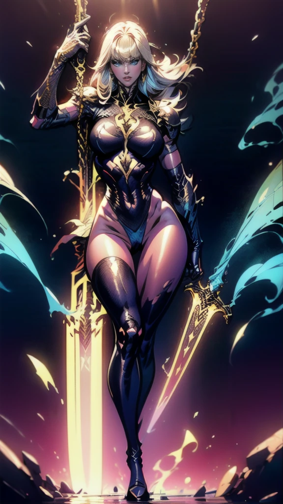 (full body portrait), Magik of X-men, Illyana Rasputin with long white hair, piercing blue eyes, wearing a low cut unitard with high cut legs, tight thigh high boots, holding a glowing magical sword, jumping with sword raised back behind head, huge overhead swing of sword, floating in a mystical realm with swirling energy, (best quality,8k,highres,masterpiece:1.2),ultra-detailed,realistic,photorealistic,photo-realistic:1.37,concept art,dark fantasy,digital painting, dramatic lighting, cinematic, intricate details,ethereal,otherworldly atmosphere, no bra, (torn clothes:1.3)