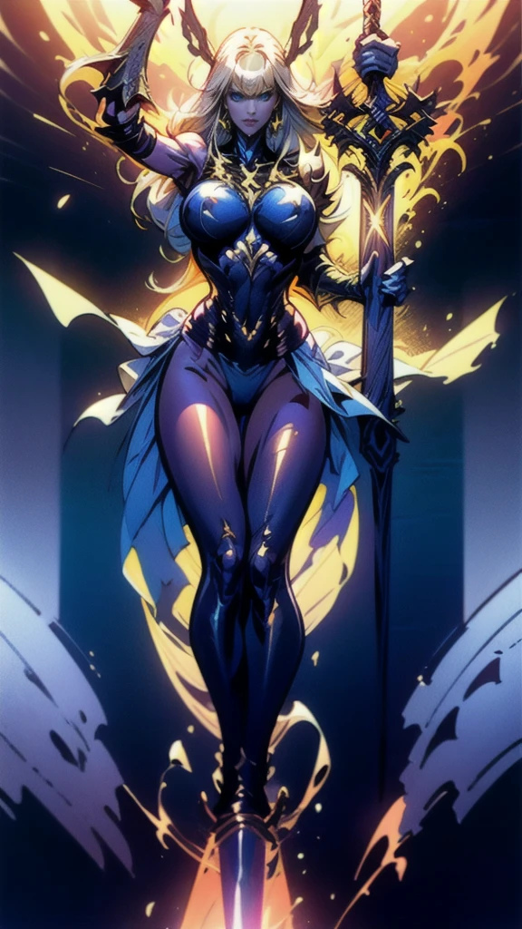 (full body portrait), Magik of X-men, Illyana Rasputin with long white hair, piercing blue eyes, wearing a low cut unitard with high cut legs, tight thigh high boots, holding a glowing magical sword, jumping with sword raised back behind head, huge overhead swing of sword, floating in a mystical realm with swirling energy, (best quality,8k,highres,masterpiece:1.2),ultra-detailed,realistic,photorealistic,photo-realistic:1.37,concept art,dark fantasy,digital painting, dramatic lighting, cinematic, intricate details,ethereal,otherworldly atmosphere, no bra, (torn clothes:1.3)