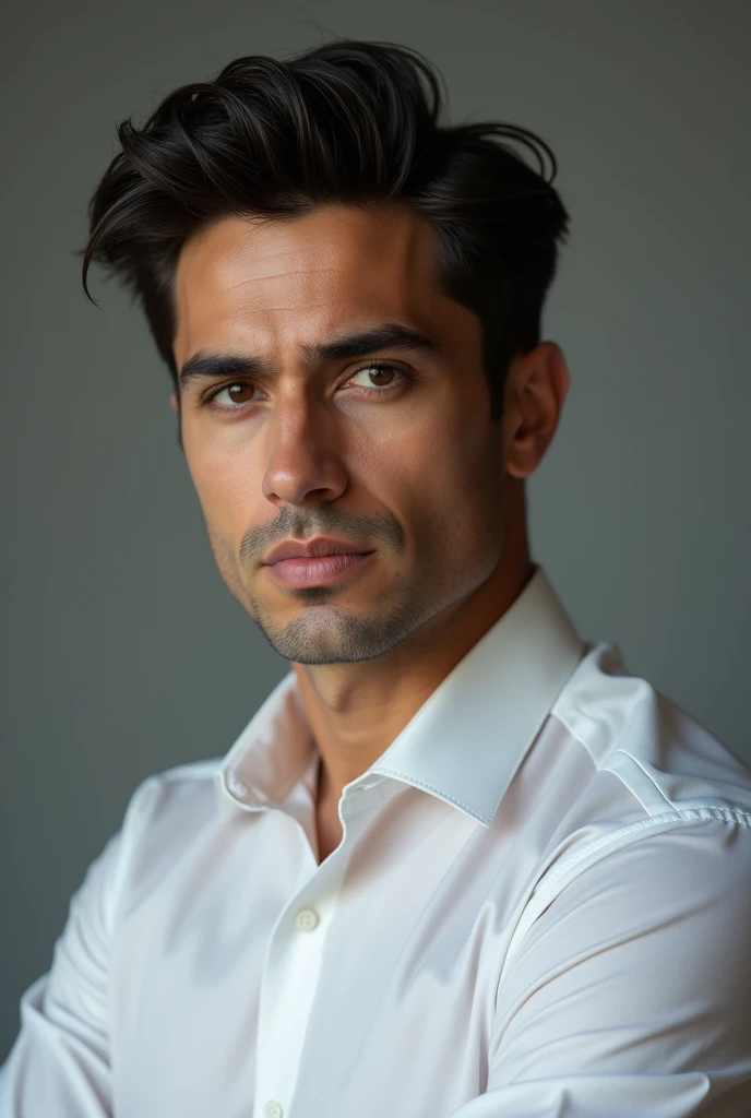 Create a portrait of a professional man who exudes elegance and seriousness, dressed in normal attire, The man must not have a beard and must have piercing black eyes., He must have a handsome and serious appearance, with dark hair styled in a sophisticated way, The man's attire should consist of a very formal white shirt., emphasizing your refined taste and attention to detail. Your strong physique should be evident, Adding to his commanding presence, (high quality and realistic image), ((best qualityer, 8k, work of art).