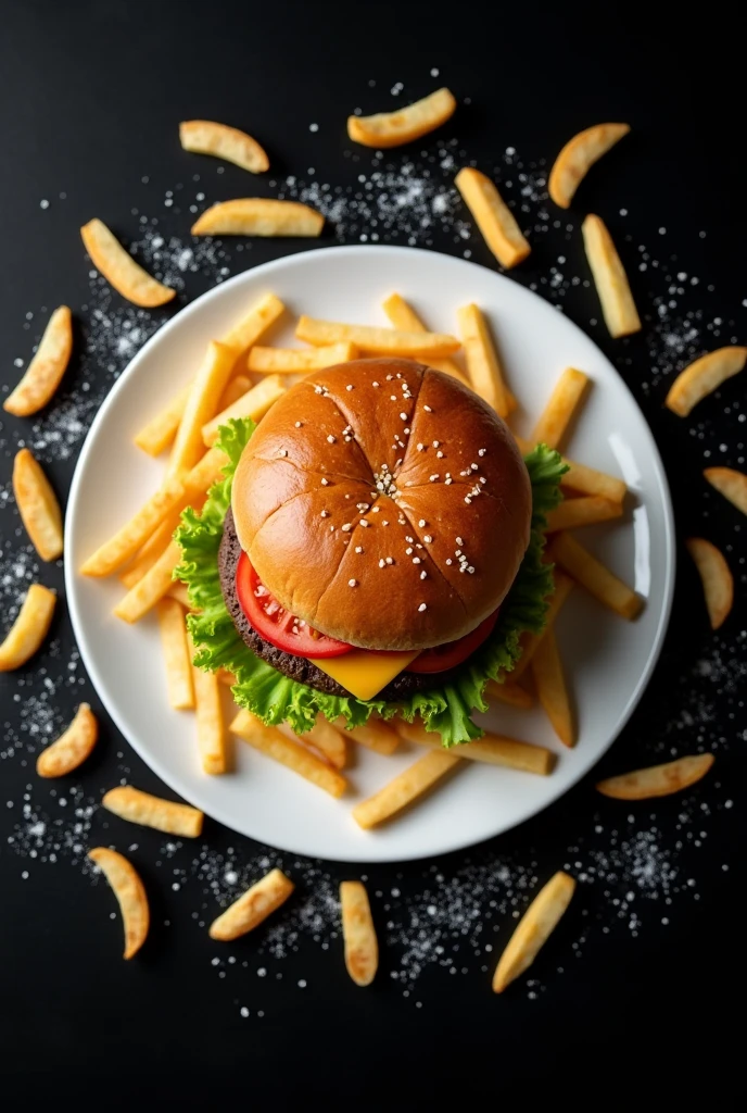 A hamburger from above on a white plate with several French fries outside the plate with salt on a black background.