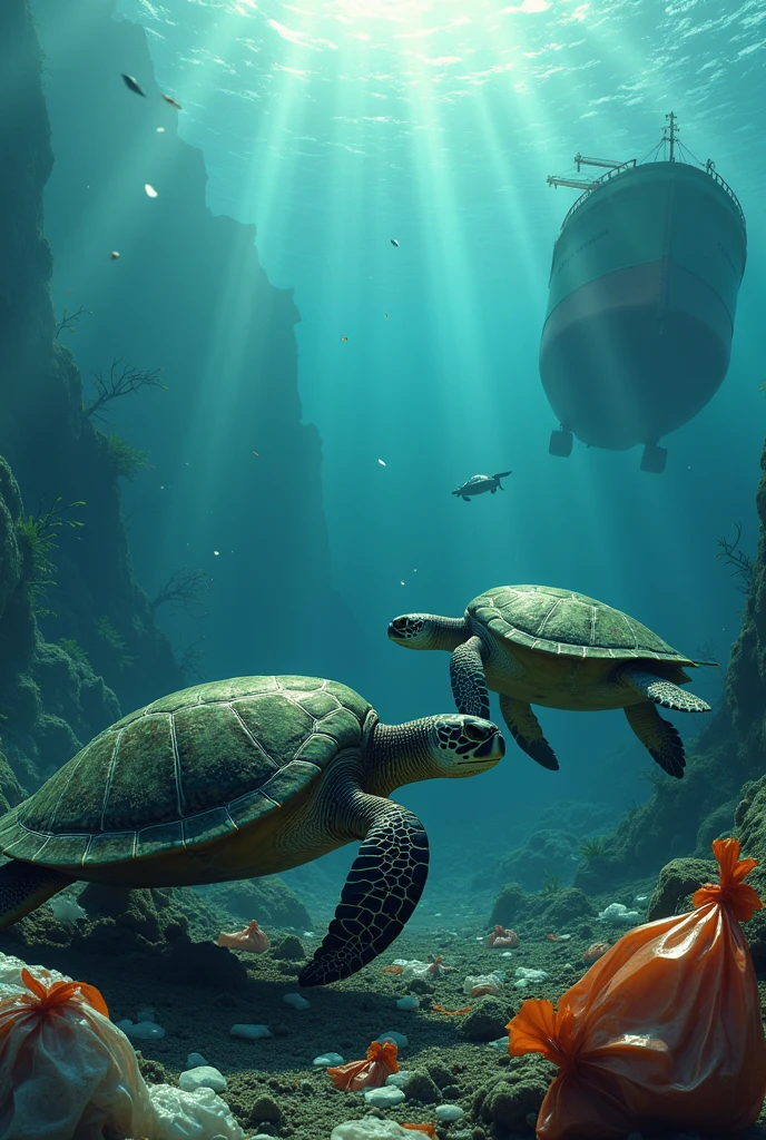 Turtles live in the sea ,eat plastic .In the sea there is human waste,toksin,oil and has a ship currently unloading gasoline oil