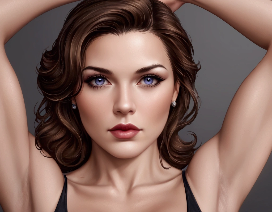 ((head turned to side))hyperrealistic art cinematic film still view from underneath woman photography in the style of detailed hyperrealism photoshoot, Extremely high-resolution details, photographic, realism pushed to extreme, fine texture, incredibly, blackground, brunette woman, , arm raised bicep flex, staring at own flexed bicep, mouth open in shock