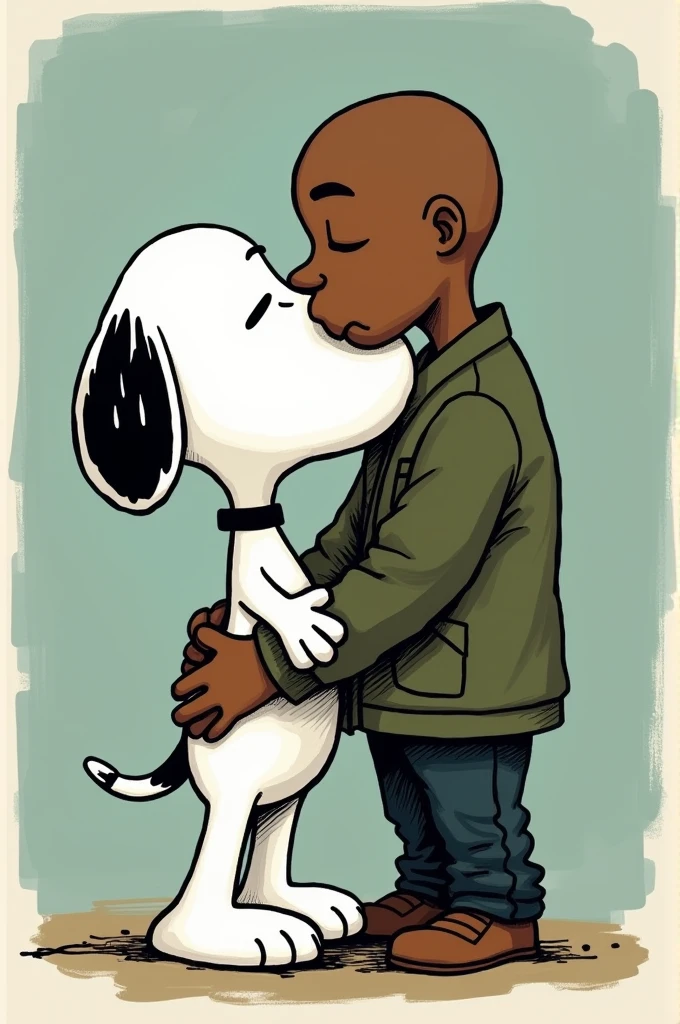 Can you generate a picture of Snoopy and Kanye West hugging? Kanye West needs to look human-like not cartoonish. They are both inhaling nitrogen.
