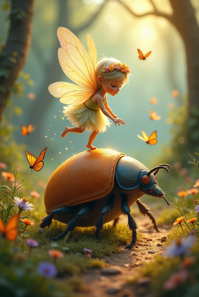 A whimsical interaction between a fairy and a dung beetle in a vibrant, enchanted meadow. The fairy, a tiny creature with iridescent wings and a crown of delicate flowers, stands atop the beetle's meticulously crafted dung ball. Her gossamer dress flutters around her in a soft, pastel color palette, contrasting with the rich browns and greens of the surrounding foliage. The dung beetle, though much larger in size, appears to be in a state of wonder as it cooperatively allows the fairy to lend a hand, or rather, a wing. With a determined look on its face, the beetle continues its tireless effort of rolling the dung ball along the forest floor, while the fairy, with a playful smile, extends a dainty hand to help guide and balance the sphere. Her touch seems to imbue the task with an ethereal grace, as the ball leaves a glittering trail of magic in its wake. The meadow is alive with the buzz of activity; butterflies dance around them, drawn to the fairy's sparkling presence, while other small critters pause to observe the peculiar sight. The sun casts warm, dappled light through the canopy above, highlighting the intricate details of the fairy's wings and the beetle's sturdy shell. The scene is imbued with a sense of harmony and friendship between species, showcasing a moment of unexpected aid and shared endeavor in the whimsical world of nature.