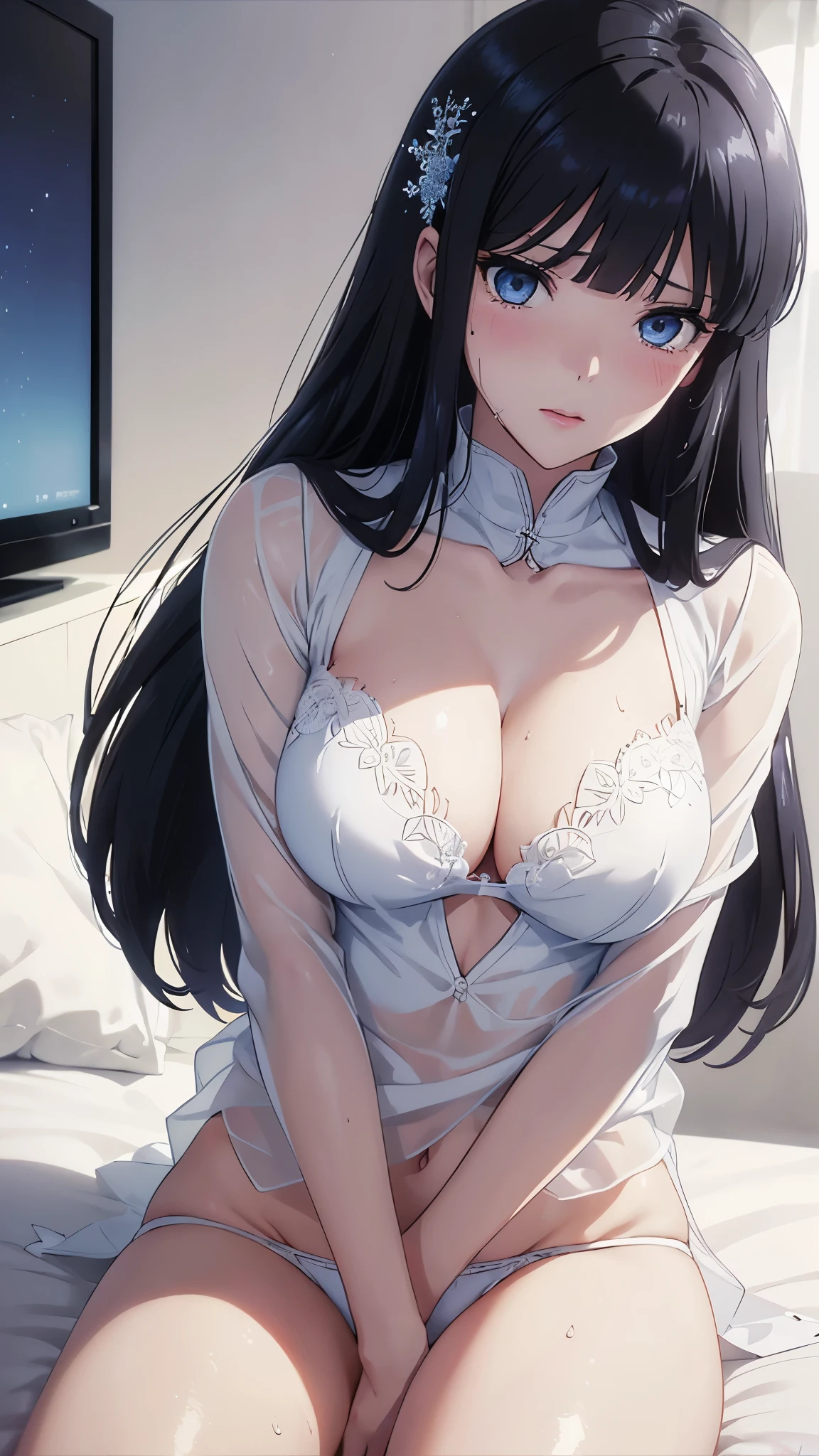 1 personの, alone, masterpiece, Highest quality, The Irregular at Magic High School, Miyuki Shiba, Shiba Miyuki, iris, blue eyes, tsurime, eyelash, Black Hair, Long Hair, Hime cut, Straight hair, Blunt bangs, blunt end, Side Lock, hair ornaments, snowflake hair ornaments,In underwear, White panties、White bra、Wet Panties、Delicate embroidered underwear、(masterpiece: 1.3), (Maximum resolution: 1.2), (Ultra HD TV: 1.2), Cinematic Light, 8k resolution, Detailed facial features , (Sharp focus: 1.2）, (Focus on the face:1.2),Perfect Style, Beautiful Face, Acura, Anatomically correct, Highly detailed face and skin texture, Beautiful Eyes,Beautiful Eyes, Thin eyebrows, Natural Cheeks, Glowing Skin, Fair skin: 1.2, (Glossy Lips: 1.4),、 (Embarrassed look: 1.2),Highly detailed face and skin texture, Natural Cheeks, , Glossy Lips: 1.4,Perfect Style、Cleavage、Soft Breasts、Sweaty chest、Drenched in sweat、Wet clothes、blush、A humiliating look、Anxious expression、Frightened expression、Embarrassed look、Glare、anger、sorrow、tears、（Open your knees:1.5）、（Spread your legs:1.5）、 White underwear、Disheveled clothes、sweating、Thin underwear、clear, A clean-cut woman,1 person、Beautiful Eyes、Torn clothing、At the bed、（On my back、At the bedLying down、Lying down、White sheets:1.7）、avert your eyes、