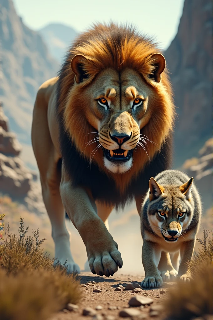 realistic lion preying on wolf 