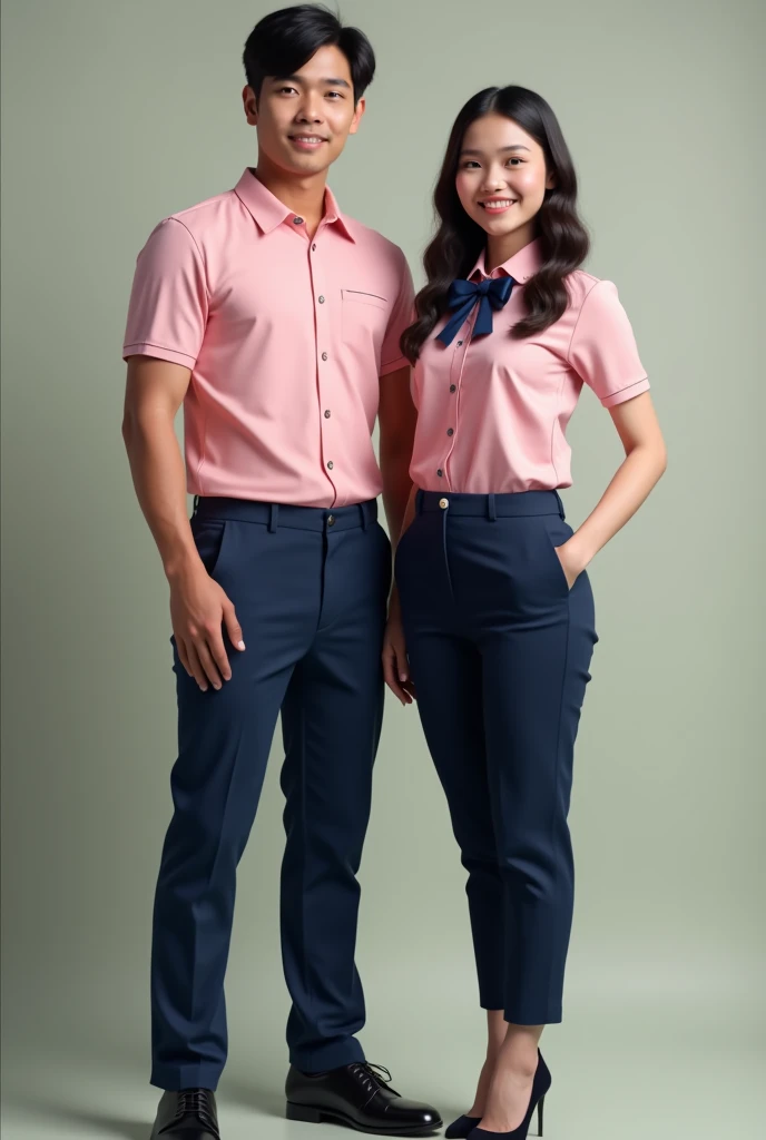(photorealism:1.2) A male and female model wearing a school uniform for education college internship students where uniform should look like a they are professional teachers. The male model is wearing a baby pink (with sewn design) button-down polo matched with dark blue trouser and black school shoes. The female model is wearing a tight fit baby pink uniform top (with sewn design) with a dark blue bow necktie inserted in a dark blue trouser with high heels. Their final look should look like they are professional teachers and resembles a barong print intended for Filipinos. 