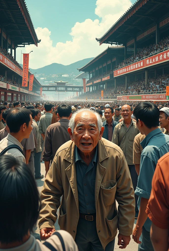 racecourse, old man, panicking, a lots of people, japanese