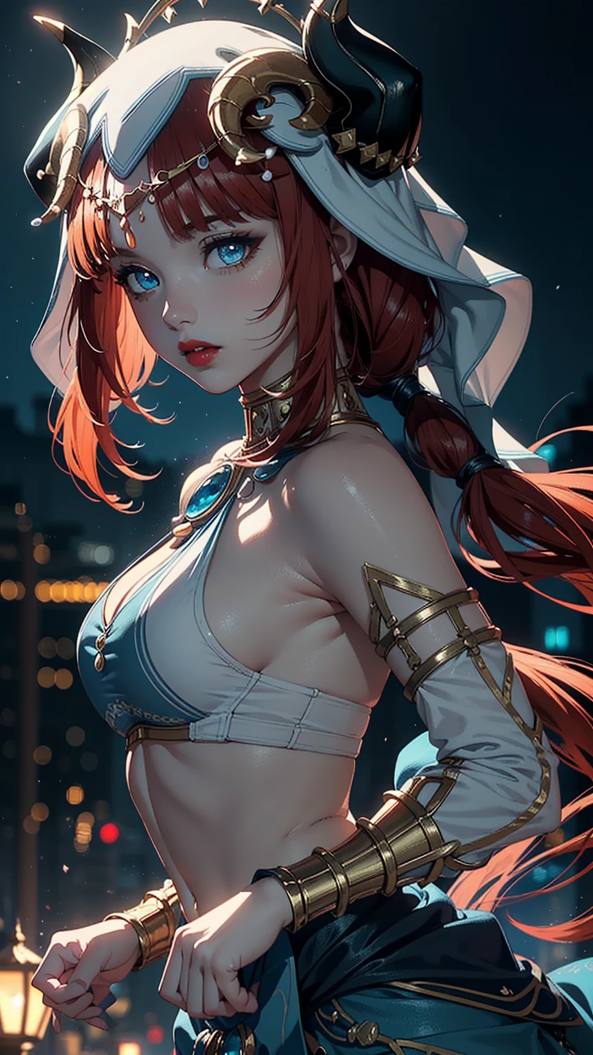 ((4k)),((masterpiece)),(Best Quality),((ultra detailed)), ((beautiful blurred night background)), ((cinematic lighting)), depth of field, (dynamic angle),((beautiful detailed eyes), ((dynamic pose)), pretty face, red lip, big , ((neckline)), ((niloudef)), sexy,