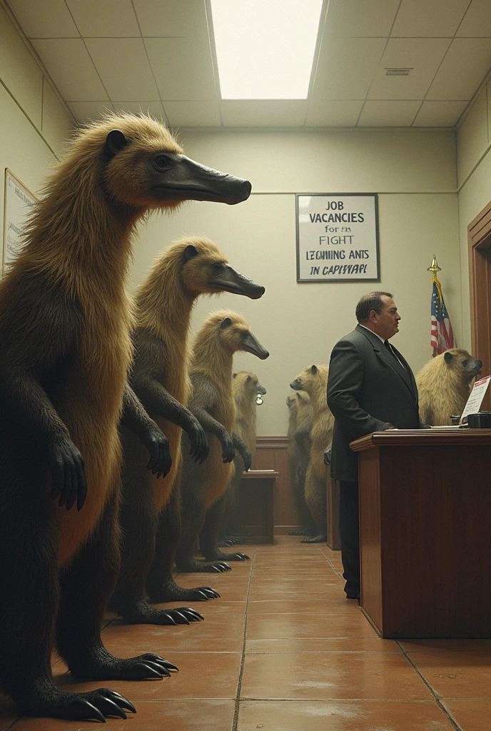 Create a photo of a long line of giant anteaters at a written counter: job vacancies for fighting ants in Capivari