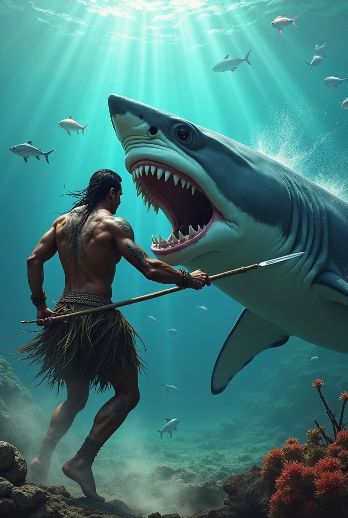 (photorealism:1.2), Fijian warrior fighting with a shark