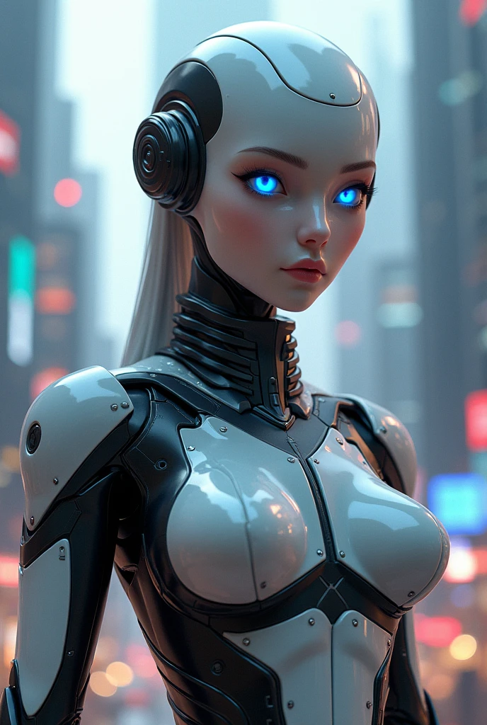 android blue eyes more realistic and more beautiful wearing modern clothes super armed background of a futuristic city