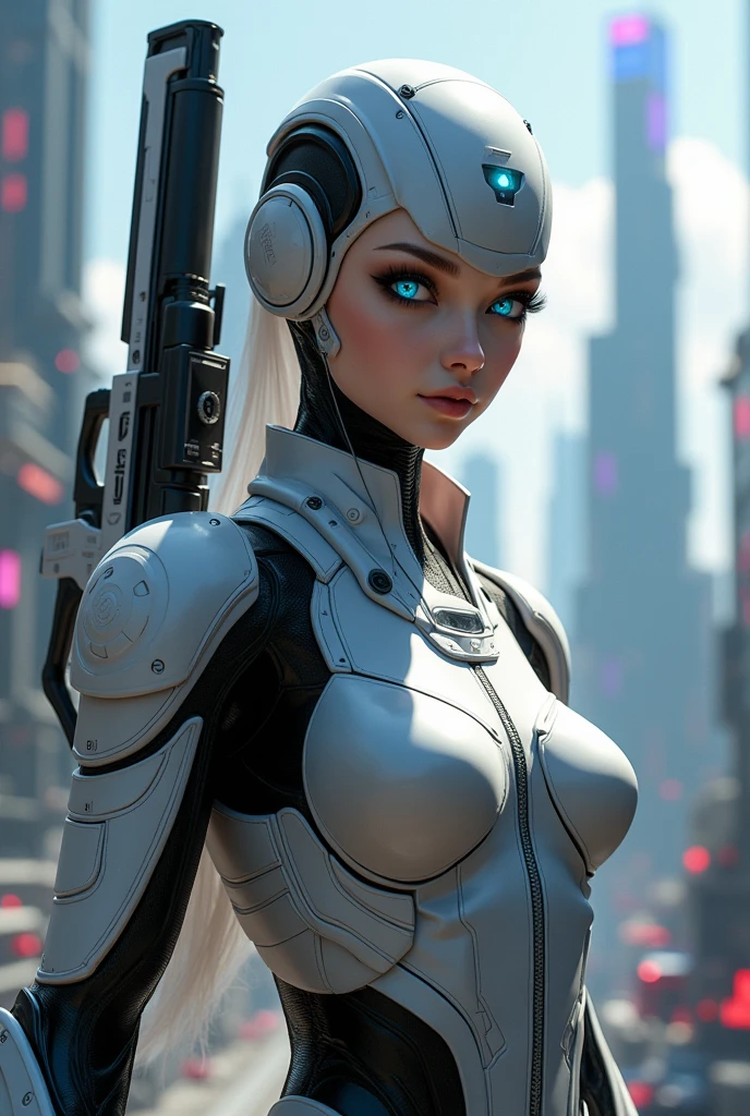 android blue eyes more realistic and more beautiful wearing modern clothes super armed background of a futuristic city