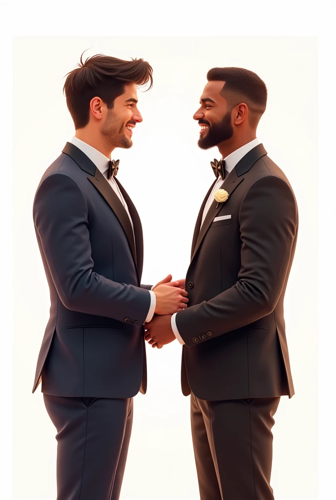 A gay couple getting married, a white man with dark straight hair, the other man is black. white background.