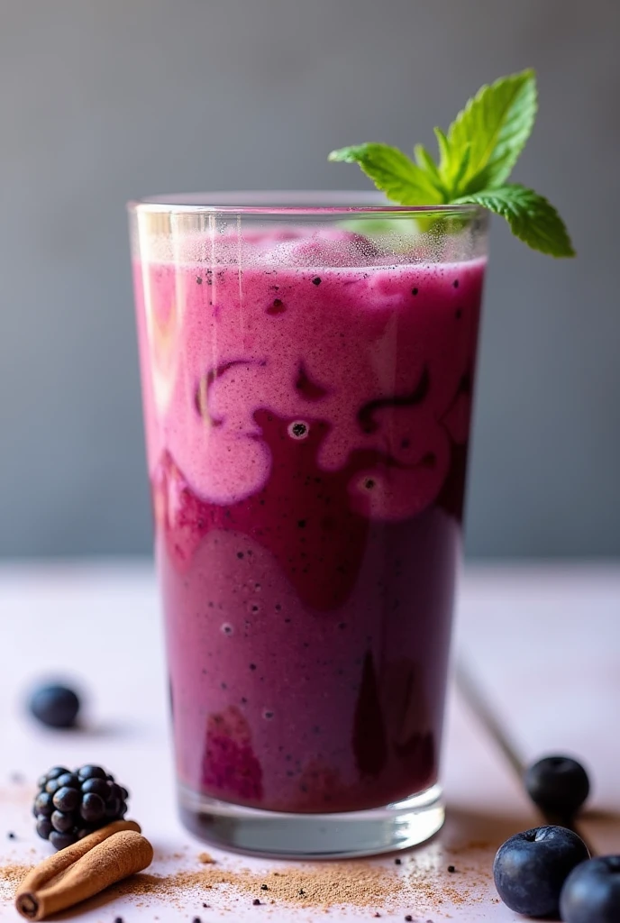 Create an image of this recipe: Berry Chia Smoothie Ingredients:
- Mixed berries (strawberries, blueberries, raspberries): 150 g - Almond milk: 200 ml - Chia seeds: 15 g - Honey: 10 g (Optional)
Preparation:
1. In a blender, Combine the berries and almond milk. Blend until smooth.
2. Add the chia seeds and mix well..
3. if you wish, Add honey to taste and mix again..
4. Pour into a glass and let sit for 5 minutes so that the chia seeds hydrate and the smoothie thickens a little..