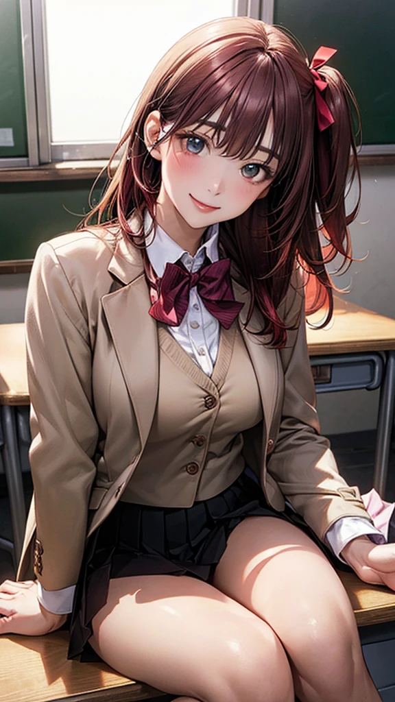 (masterpiece:1.2, Highest quality), (Realistic, photoRealistic:1.4), Beautiful illustrations, (Natural Side Lighting, Cinema Lighting),
View your viewers, Cowboy Shot, Front view, 1 person, Japanese, high school girl, Perfect Face, Cute and symmetrical face, Glowing Skin,
(Long Hair:1.2, ((Both sides up:1.2)), Fuchsia colored hair), Emerald green eyes, (Large Breasts:0.8, Captivating thighs),
Beautiful Hair, Beautiful Face, Beautiful attention to detail, Beautiful clavicle, Beautiful body, Beautiful breasts, Beautiful thighs, Beautiful feet, Beautiful fingers,
(((Beige blazer with purple stripes, Close Blazer), white blouse shirt, Dark red pleated skirt, Red bow tie), Red hair ribbon),
(Beautiful views), evening, (School classroom, blackboard, handout machine), (sitting handout machine), (Captivating smile, Upward glance),