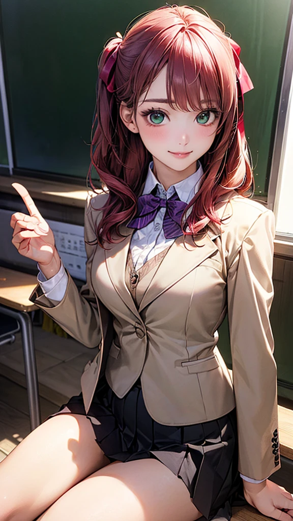 (masterpiece:1.2, Highest quality), (Realistic, photoRealistic:1.4), Beautiful illustrations, (Natural Side Lighting, Cinema Lighting),
View your viewers, Cowboy Shot, Front view, 1 person, Japanese, high school girl, Perfect Face, Cute and symmetrical face, Glowing Skin,
(Long Hair:1.2, ((Both sides up:1.2)), Fuchsia colored hair), Emerald green eyes, (Large Breasts:0.8, Captivating thighs),
Beautiful Hair, Beautiful Face, Beautiful attention to detail, Beautiful clavicle, Beautiful body, Beautiful breasts, Beautiful thighs, Beautiful feet, Beautiful fingers,
(((Beige blazer with purple stripes, Close Blazer), white blouse shirt, Dark red pleated skirt, Red bow tie), Red hair ribbon),
(Beautiful views), evening, (School classroom, blackboard, handout machine), (sitting handout machine), (Captivating smile, Upward glance),