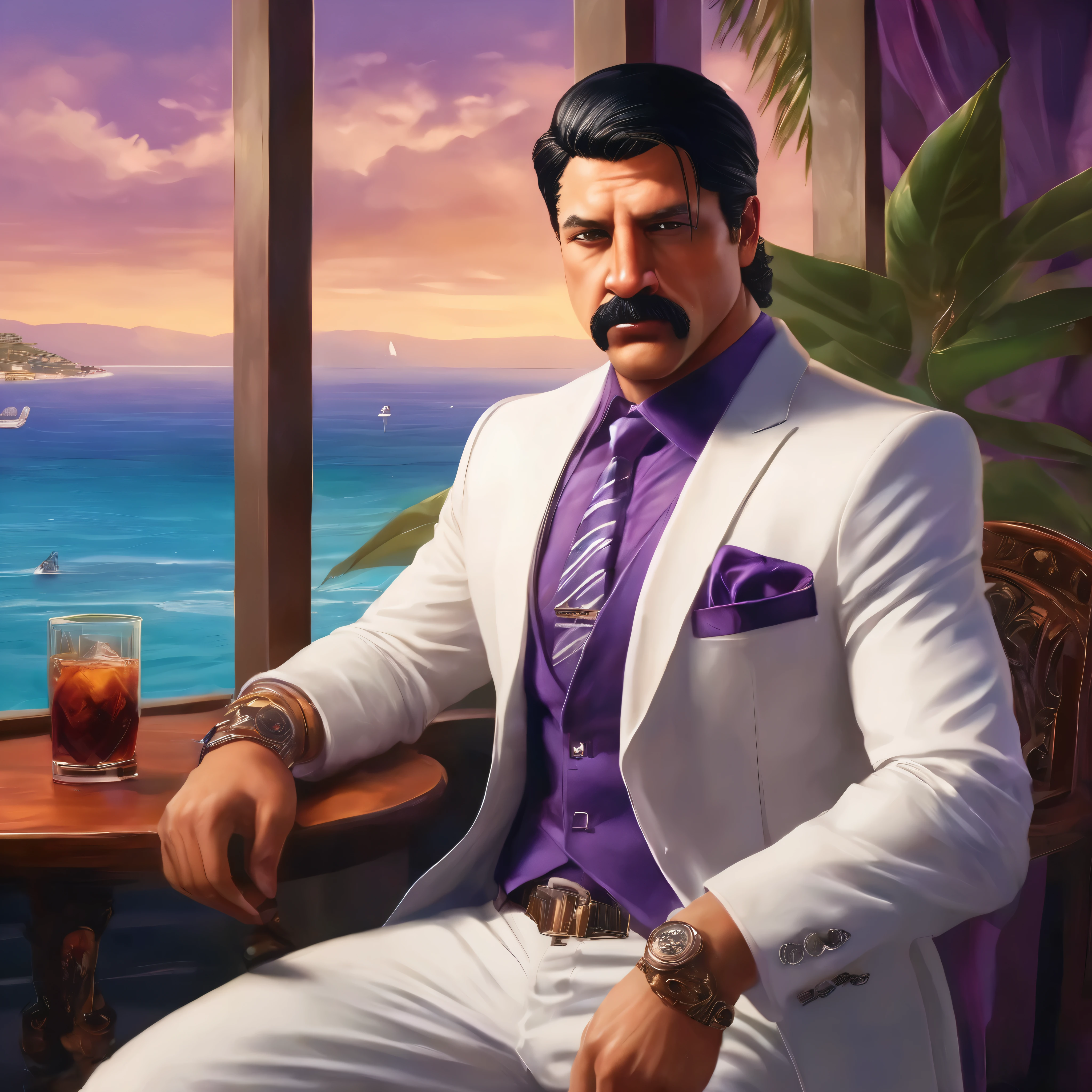 (obra maestra, Mejor calidad:1.2), 1 chico, thenahualli, serious, dangerous man, elegant, elegante, he is a gangster, white suit, purple shirt, sit, luxury restaurant, views of the sea in background, big windows, indoor, Hawaii, (((realistic, detailed, photorealistic)))