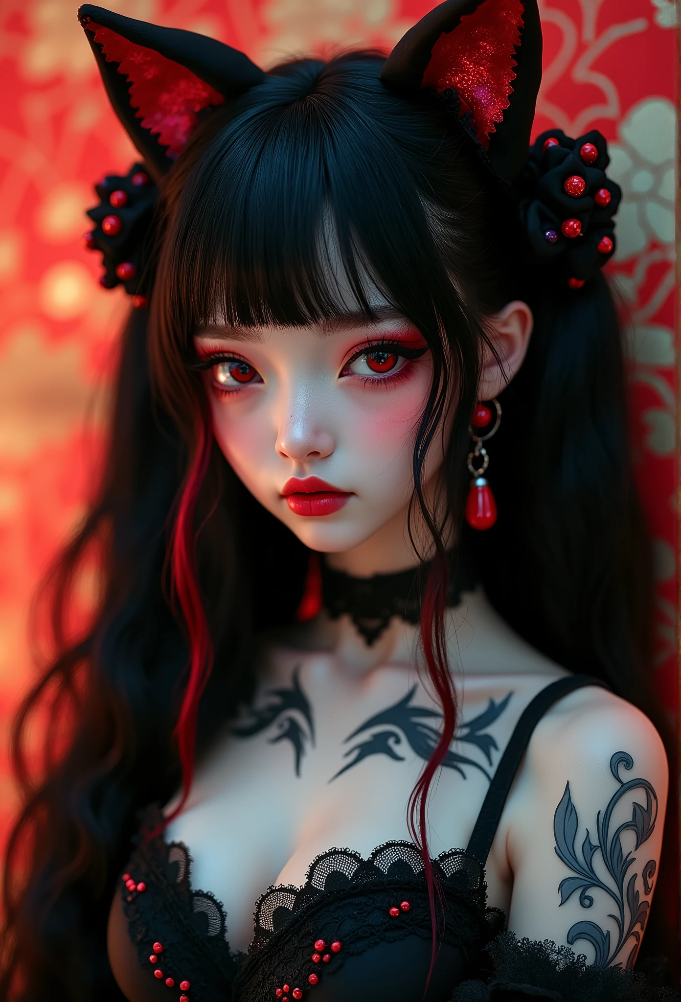 A girl with long loose black hair, crimson red eyes. Deep red lipstick, red eye shadow , very big breasts, black demon horns, upper body with geisha clothes , big breasts, portrait, Masterpiece, Best quality, gif,1 girl, Solo, Natural skin texture, Realistic black eyes and facial details :5),(Dark :1. 4), Deep shadows, Extremely detailed beauty, Detailed eyes and face, sharp black eyes, Red lipstick, No black eyeliner, Detailed Gothic costumes, pony tails, Black hair, nikon d850 film, Surreal, Authentic textures, Dramatic, lighting, illusory engine, (facial clarity :1). 5), (Transparent clothes :1); 1) Gothic style, Black lace, tattoo. Japanese girl with more or less long black hair with bangs and red highlights, e sexy, Lady,Red hair,dress,beautiful,anime,tattoo, face portrait, close up, big beautiful detailed eyes, ulzzang, art nouveau, candy, sweets, tattoo background pattern, tapestry, backlit, neon palette, red eyes,