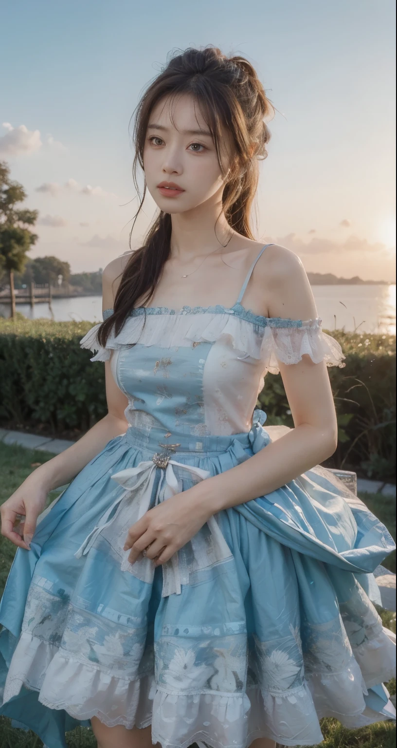 best quality, ultra high resolution, (realistic:1.4), masterpiece, mackerel, original, very detailed wallpaper,
grass, sky,
1 woman, alone, shy \(It went well with you\), teal robe,
Convenient head,