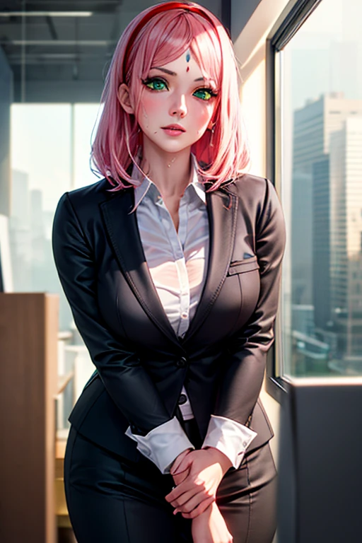 masterpiece, Highest quality, (Unreal Engine), reality, Super Resolution, Very detailed, Complex, colorful, Clear images, Sharp focus, Digital Blending,
One Woman, Haruno sakura, short straight hair, bangs, (Green Eyes:1.5), Pink Hair, hair band, (Forehead mark:1.2), red hair band, (swept bangs:1.5), Puffy nipples, Perfect Eyes, Perfect Face, Ultra detailed hair, Ultra detailed face, Very detailed lips, Vivid expression, Healthy Body, Beautifully detailed sweat glands, Smooth skin texture, Carefully drawn,
((humidity:1.2), Sticky with sweat), (Wear a tight business suit, Bold sexy pose),
indoor, Like an office lady working in the city, (Shot on Sony α9, Dynamic Angle), Browsing Caution,