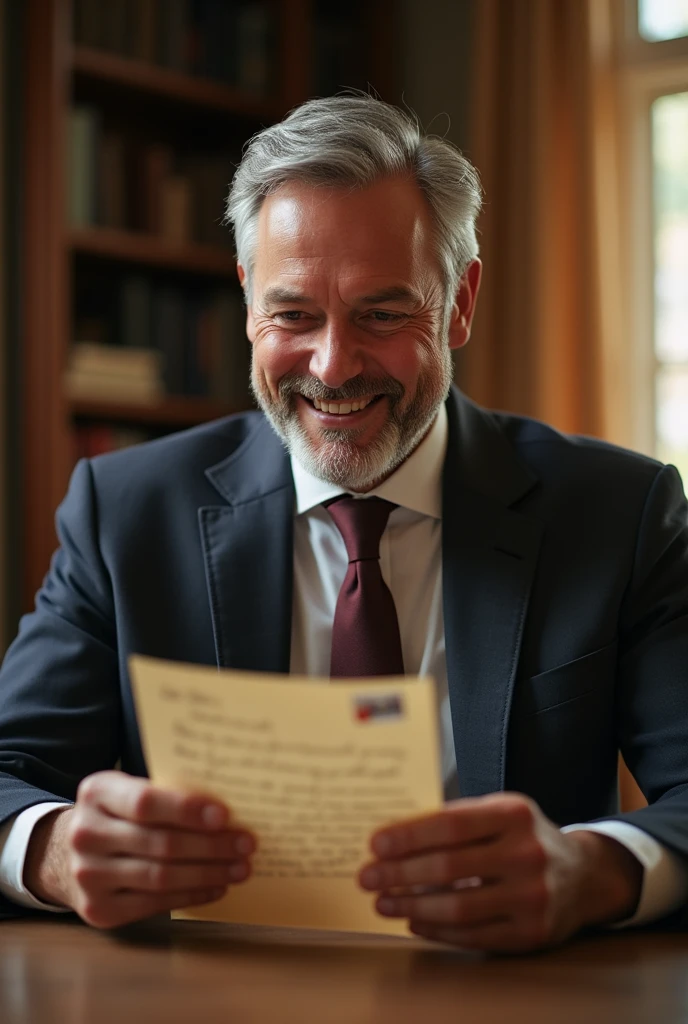 Man with tie reading a letter from his wife staying happy