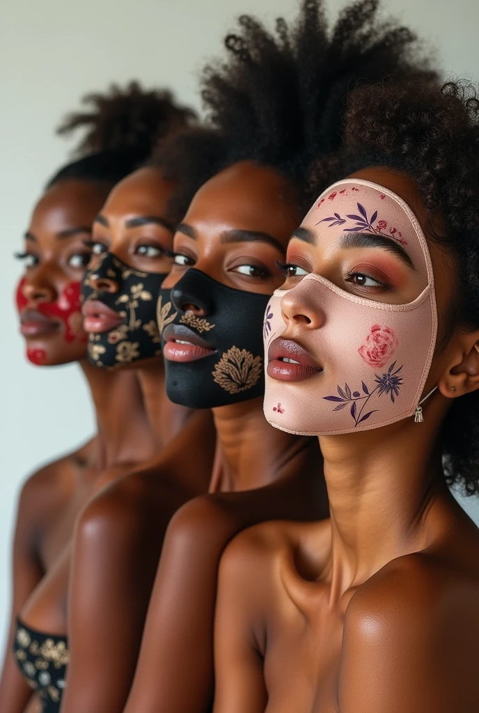 Aesthetic and creative Banner of four real models with applied different face masks like coffee,charcoal,rose,rice mask