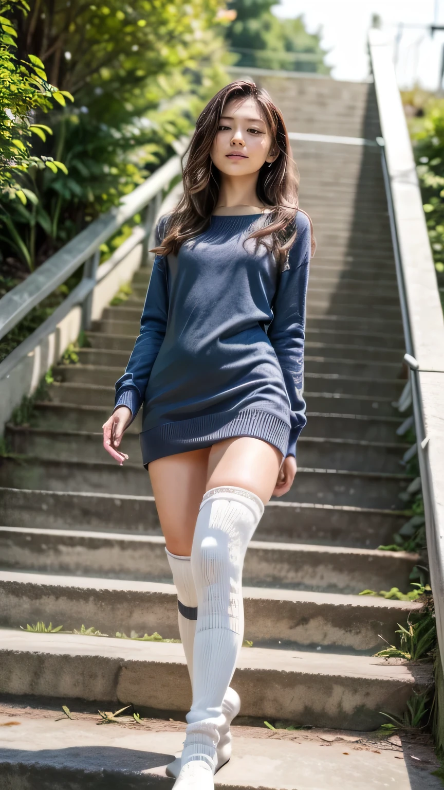 (Woman walking down the stairs:1.2、Squint your eyes and laugh)、((Wearing an A-line dress:1.4、(wearing over-the-knee socks:1.5)))、(View from the front、View from directly below)、(Realistic、Like a photograph、Live Action、8k, Realistic, RAW Photos, Best image quality: 1.4), Single-lens reflex camera、RAW Photos, Highest quality, Realistic, Highly detailed CG Unity 8k wallpaper, Written boundary depth, Cinematic Light, Lens flare, Ray Tracing, Realistic background、((ultra high density skin))、(whole body:1.5)、Long Hair 1.2、ponytail、Hair blowing in the wind:1.4)、I like that style、stylish、Very detailed、Pay attention to the details、Perfect outfit、(Sunburned skin)、Accurate hands、Accurate legs、Detailed hands and fingers、Anatomically correct body、Thin legs、Thin thighs、Small breasts、Very detailedな顔