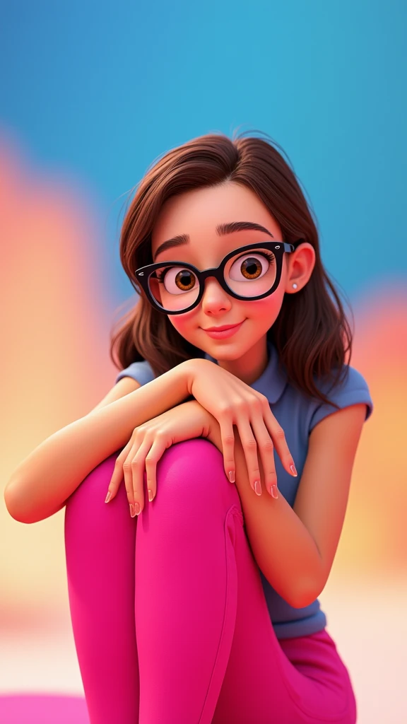 Cartoon character of a brunette woman in black glasses and a blue shirt, an animated character, stylized character, animation style rendering, 3d stylized, Arnold Maya rendering, Stylized 3D rendering, toon render screenshot, 3d character, 3d character, Stylized 3D rendering, 3D character rendering, cartoon character, Personagem de close up, character posing, (Pixar-style) (master part:1.2) (bokeh) (best qualityer) (skin detailed) (detailed texture) (8k) (Argilla) (cinematic lighting) (sharp focus,Sit down and lift your upper body