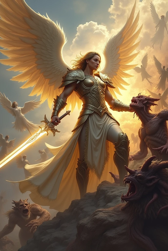 Warrior angel cutting off the head of a demon while a legion of angels descend from heaven