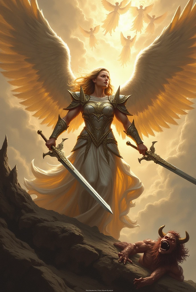 Warrior angel cutting off the head of a demon while a legion of angels descend from heaven