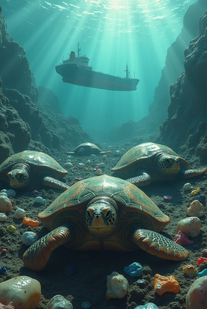 Turtles live in the sea ,and eating plastic .In the sea there is human waste,toxins,oil and has a ship currently unloading gasoline oil