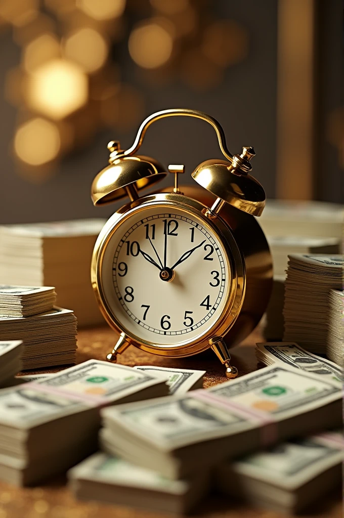 A alarm clock with a lot of money besides the clock