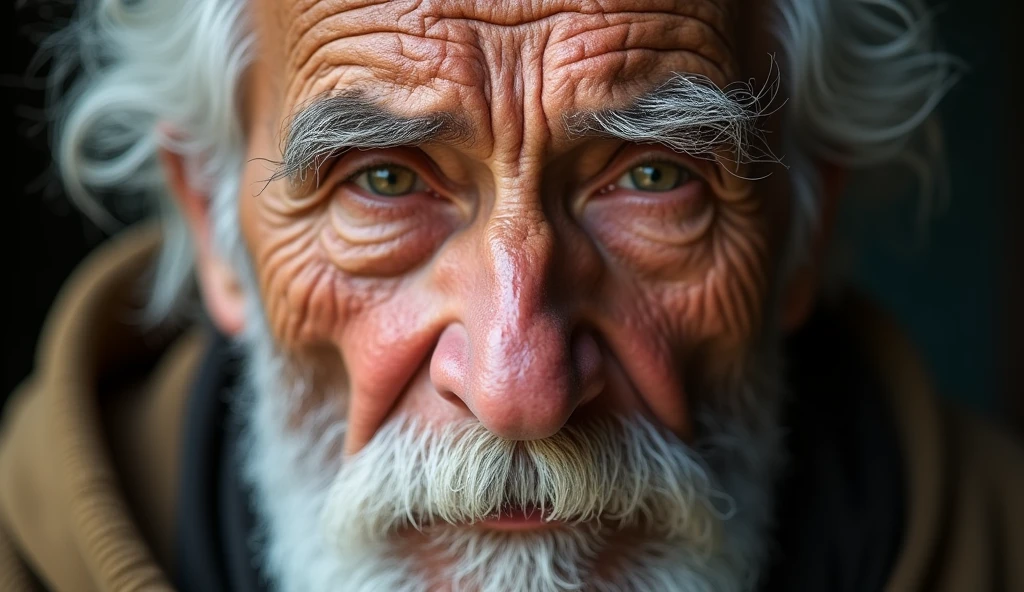 /Imagine Hyperrealism style close-up portrait of a very old man, but charming, noticeable wrinkles on your face, your eyes full of knowledge and experience 