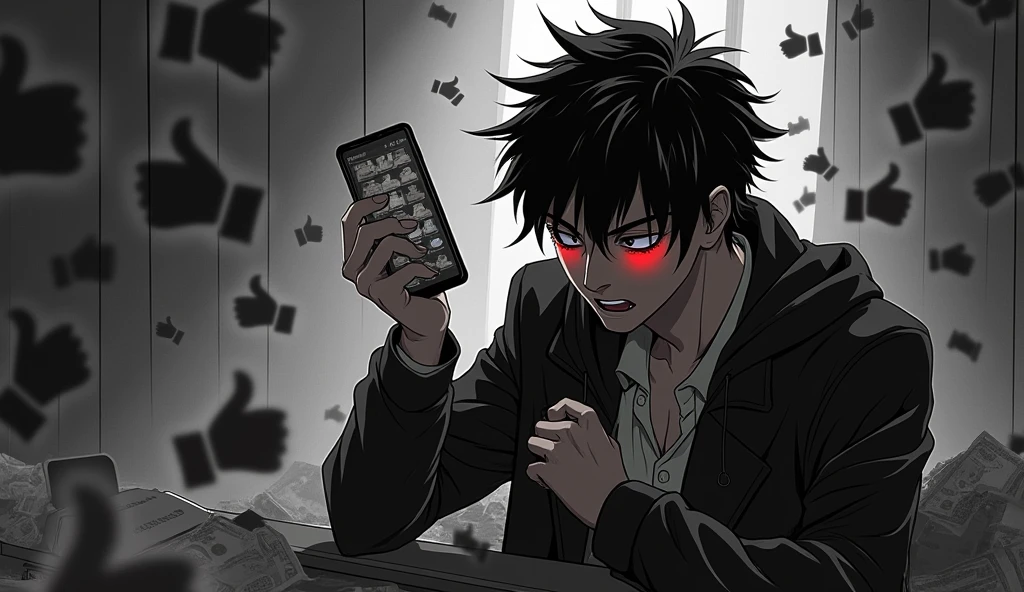 Create a dramatic distorted image in black and white anime format with a colored highlight spot, a person being controlled like a puppet flaunting wealth on social media. Ao fundo, blurred social media likes and logos.