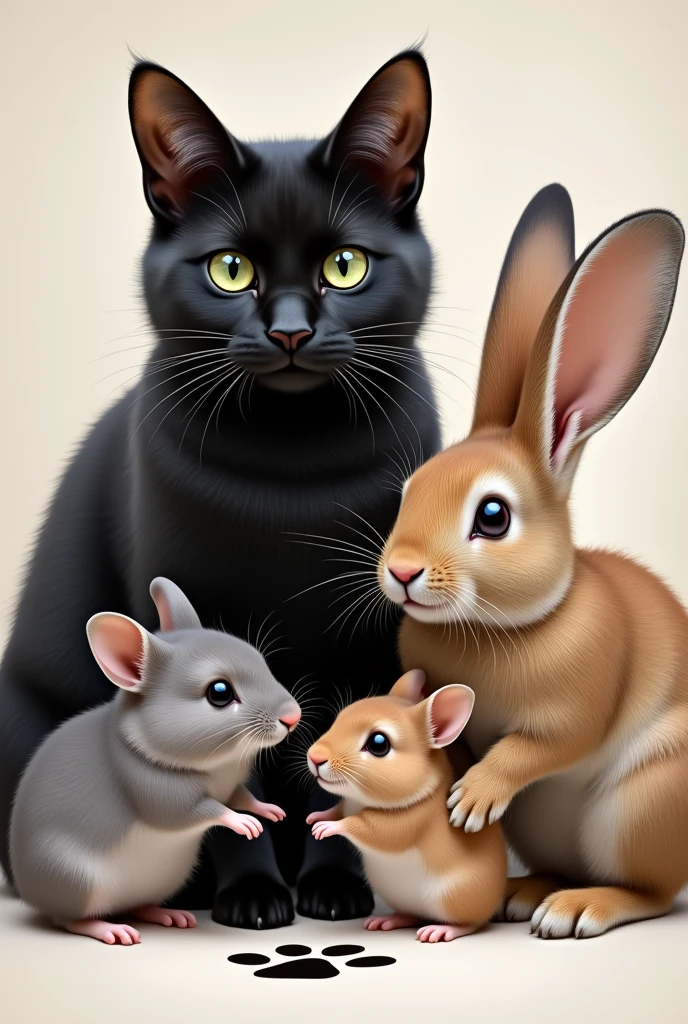 A picture of a black cat with green eyes, a gray Russian hamster and a brown rabbit with long ears all together so you can see their faces close up and their paw print