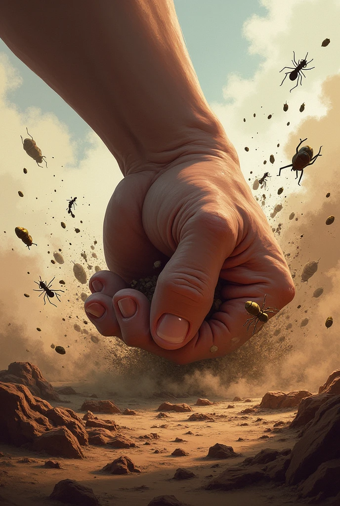 A powerful fist smashed vertically on the ruins of a nest full of ants, some ants were blown away, some ants were fighting, the background was sputtering in the field soil, dust flying, war game style, golden ratio of picture composition, reflecting the antagonism of hands and ants, fierce fighting, vertical composition, realistic style, 3D quality, dust and debris raised in the chaos, ((epic, movie)), the fun of 3A game illustrations.
