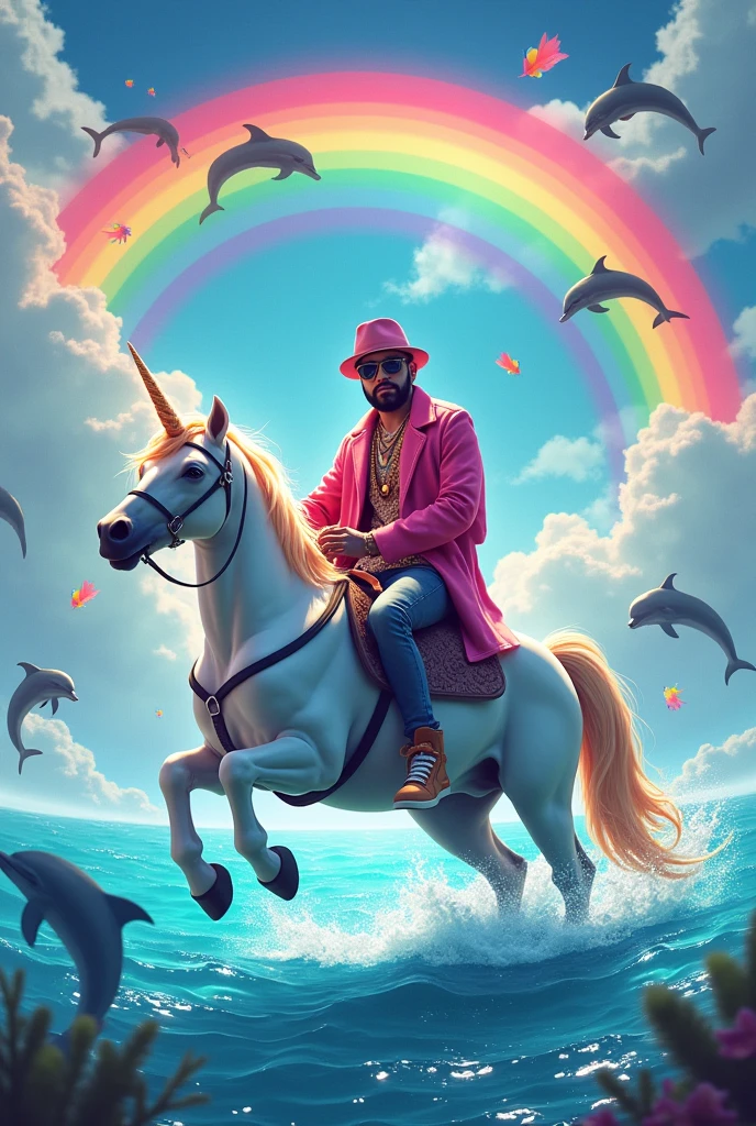 Anuel riding a unicorn with dolphins in the background, flying fish, rainbow, too colorful 