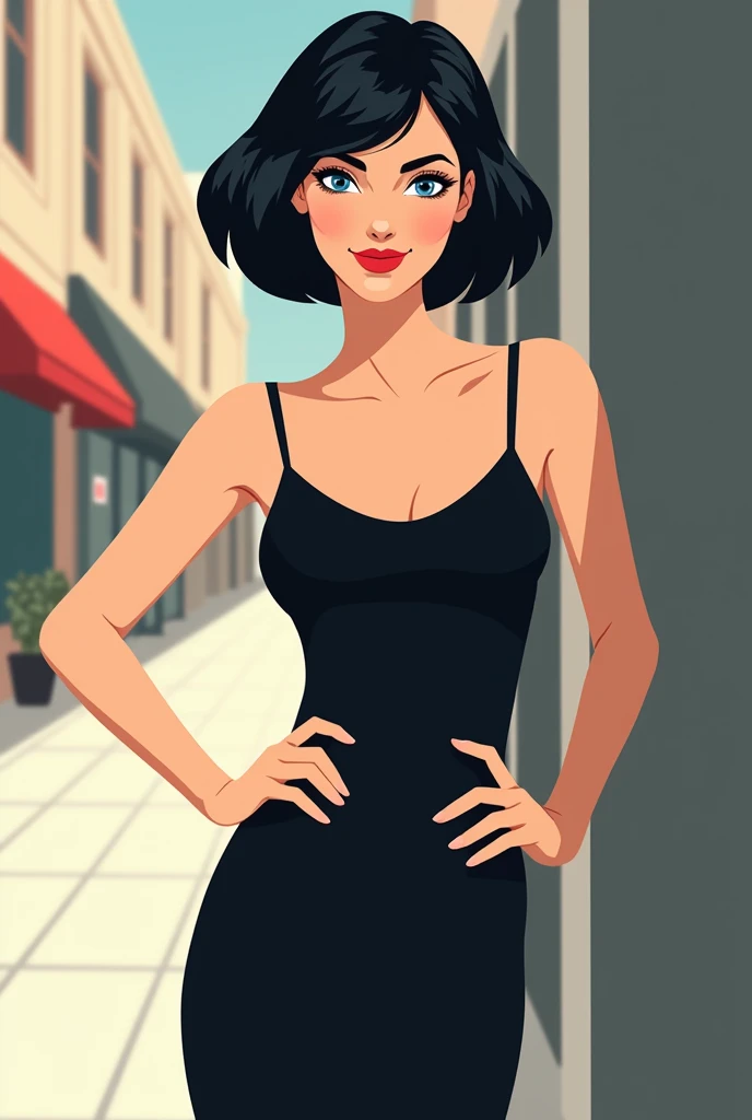 Vector illustration, girl, minimalist, flat color, A Female with bob black haircut with blue eyes and Red lips, bare shoulders, black dress, taut dress, spaghetti strap black dress, medium breast, sleeveless, hands on hip, standing up against a wall in the sidewalks streets at daytime in the background, 1 girl, solo, looking at viewers, smile,