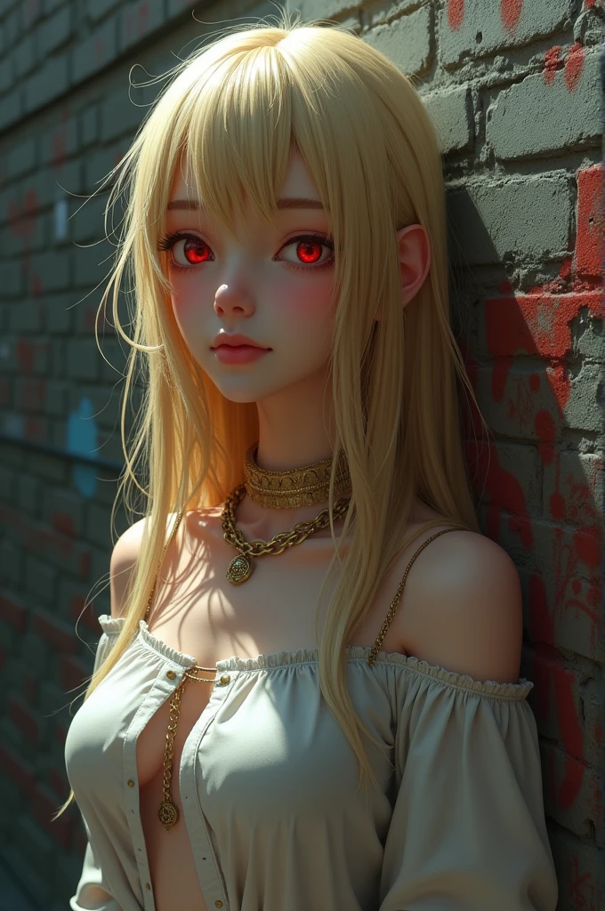 Ultra-realistic 8k CG, masterpiece, ((Ultra detailed background, delicate patterned, Intricate details)), best quality, Intricate detailss, Chromatic Aberration, 1 Girl, Long hair, blond hair, Messy hair, Red highlights, Hair covering one eye, Sharp eyes, Necklace, Brick Wall, Graffiti, Dim Lights, alley, Large-size shirt,Off-shoulder, See-through white shirt, masterpiece, best quality