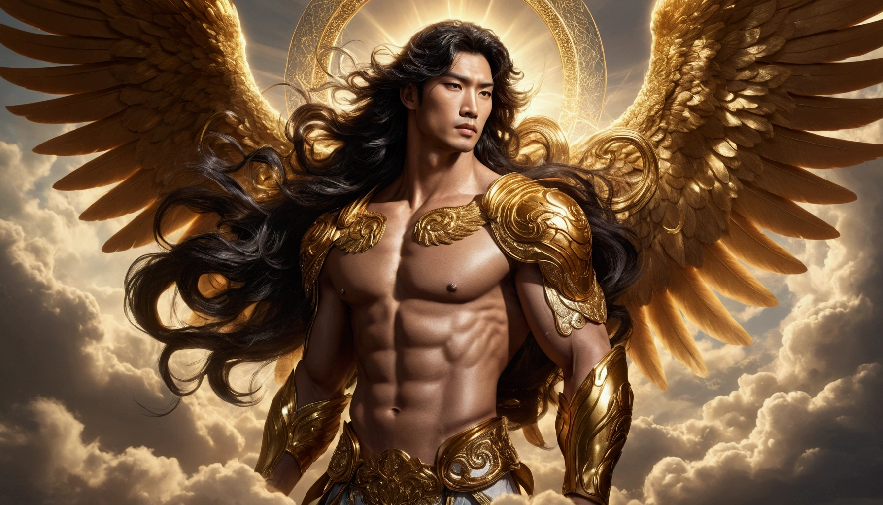 a close up of a male angel with wings in the sky, angelic golden armor, full - body majestic angel, archangel, beautiful male god of death, by Yang J, attractive male deity, epic angel wings, greek god, winged human, archangel Chamuel l, of beautiful angel, angelic, male with halo, seraphim, angel spirit guide, amazing fantasy art hyper-realistic, highly detailed, lifelike image of extremely handsomely beautiful male Asian Archangel Chamuel in his mid-30s with a Japanese appearance, long flowing wavy black hair, wearing built-in shimmery gold armor on his shoulders and chest, with chiseled abs, standing at 11'8" with a muscular build and large biceps, exuding strength and fierceness, with an enchanting glow of God's glory, walking through the Garden of Eden, with Japanese features, at a resolution of 2048*1536, 32K UHD, Style Raw