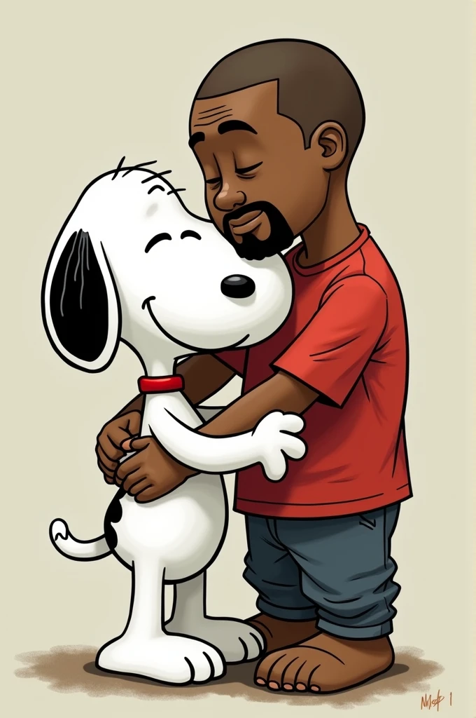 Can you generate a picture of Snoopy and Kanye West hugging? Kanye West needs to look human-like not cartoonish. They are both getting high with nitrogen.
