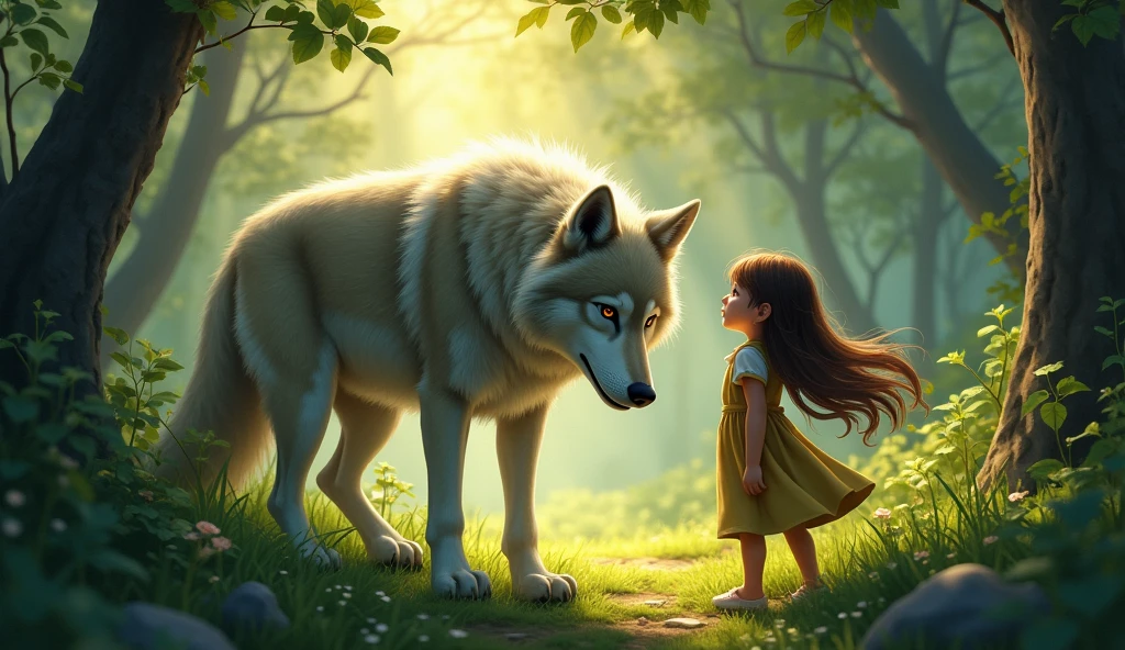 A magical scene of a lush forest, with Lia staring in awe at a gray-furred wolf with friendly, wise eyes, emerging from the shadows to speak to her. Lia is a girl with brown hair.