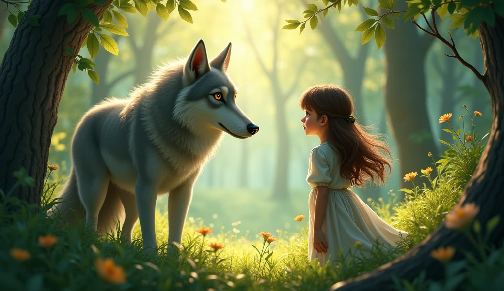 
A magical scene of a lush forest, with Lia staring in awe at a gray-furred wolf with friendly, wise eyes, emerging from the shadows to speak to her. Lia is a  girl with brown hair.