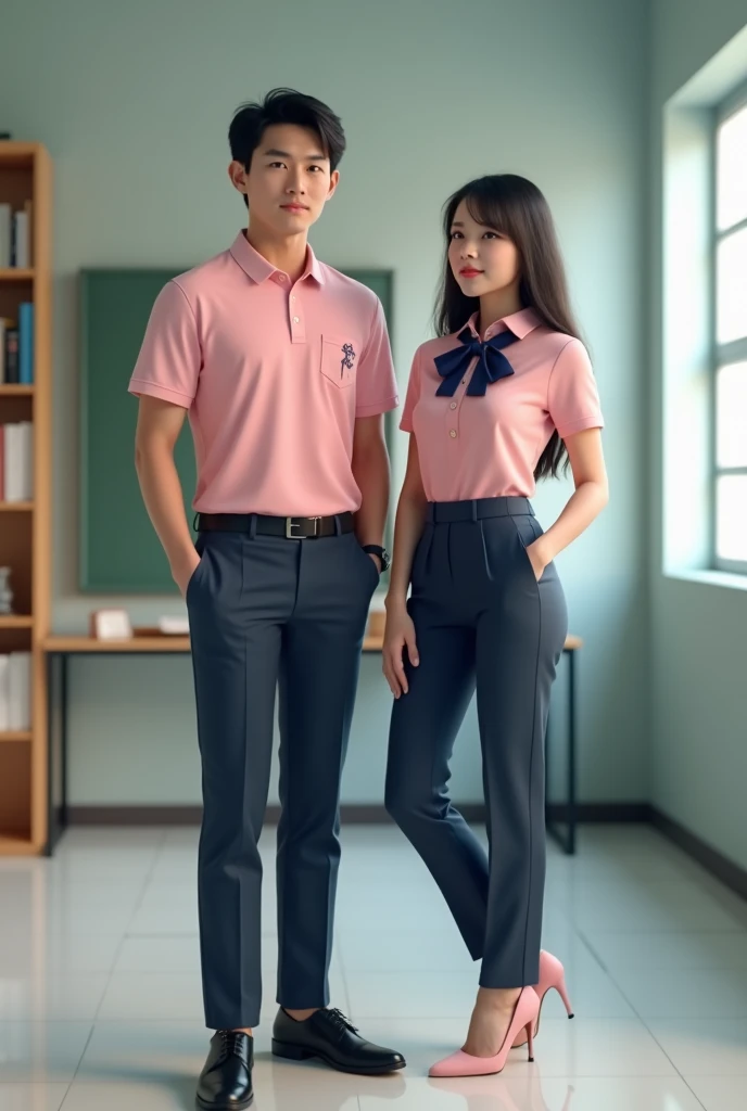 (photorealism:1.2) A male and female model wearing a school uniform for education college internship students where uniform should look like a they are professional teachers. The male model is wearing a baby pink (with sewn design) button-down polo matched with dark blue trouser and black school shoes. The female model is wearing a tight fit baby pink uniform top (with sewn design) with a dark blue bow necktie inserted in a dark blue trouser with high heels. Their final look should look like they are professional teachers and resembles a barong print intended for Filipinos.