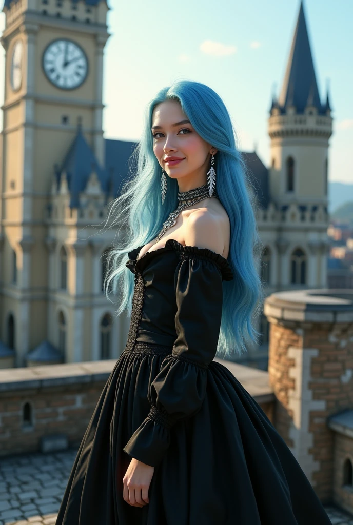 ((Masterpiece, Best Quality, Highest Image Quality, High Resolution, Photorealism, RAW Photos, 8k)), A beautiful woman, 20 years old female, pale skin, fine feature, soft feature, young face, oval face, lightly smile, straight long hair, blue haired, hair flying in the wind, show forehead, silver cross necklace, long feather earrings, black circus dress, Medieval style, circus collar. Outdoors, daytime, sunlight, on castle rooftop, clock tower, gothic architecture, Christmas.