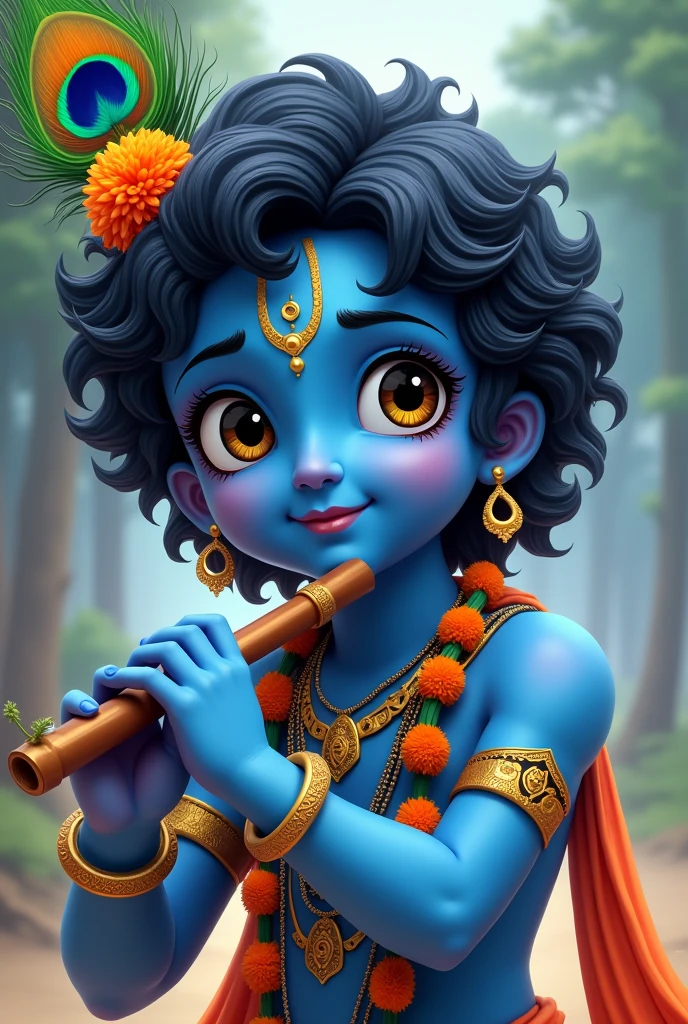 Anime cartoon Krishna head tilak, blue body and peacock feather and radha normal space and smilecharacter flute in hand hindu god with smile face and background black and blur