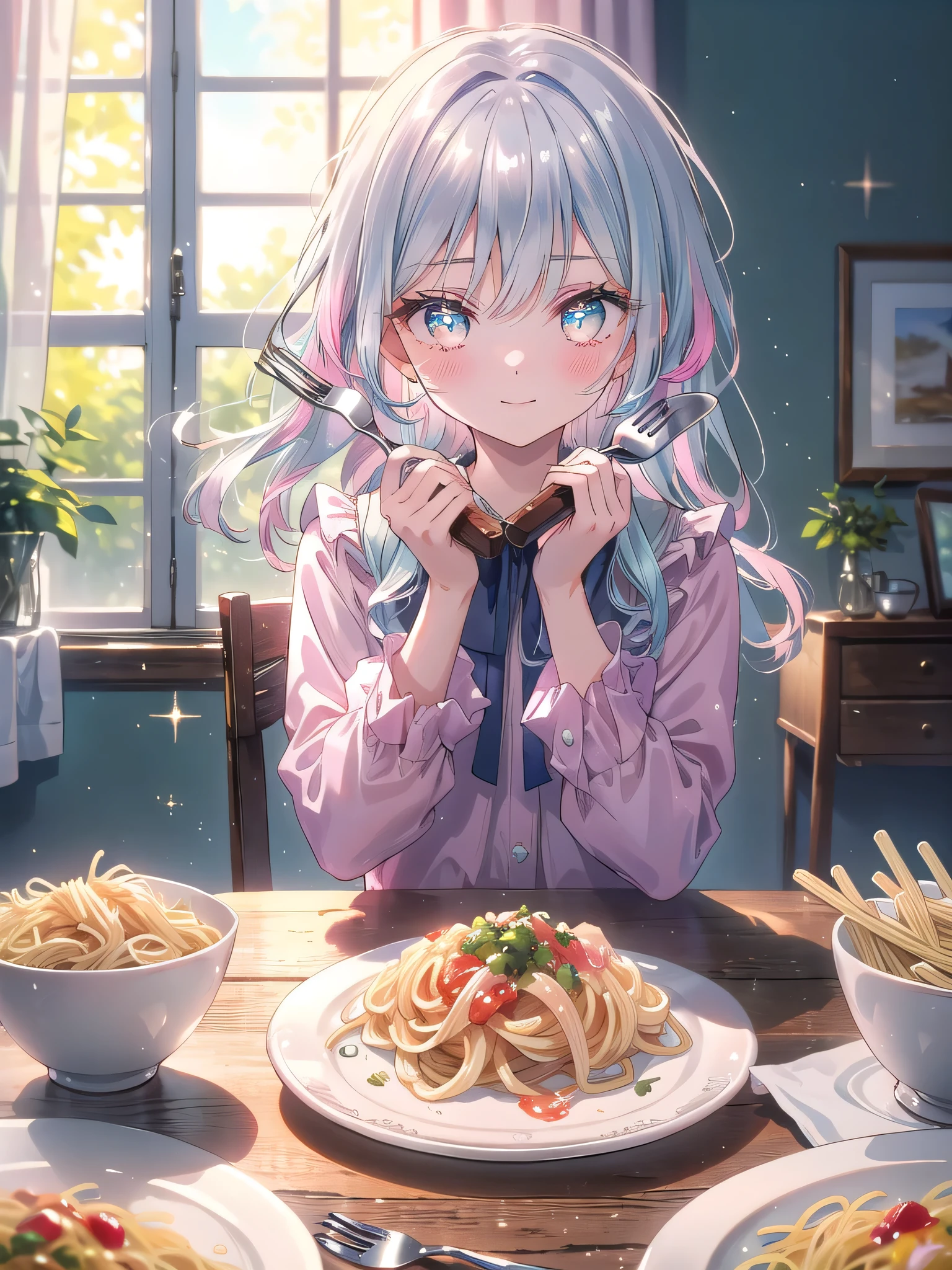 ((8k, Highest quality, masterpiece: 1.3)),Ultra-high resolution,(1 girl, alone), (Color changing eyes, Ultra-detailed, Expressive brilliance, Glitter, Glowing Eyes), Highly detailed eyes, Highly detailed face, Random Hair, ((pastel colour) The dining room is minimalistic, with a wooden table that has a slightly worn, homey feel. She sits alone, her posture relaxed, dressed in a pastel pink blouse and light blue jeans. A single serving of pasta is set before her on a simple white plate, accompanied by a small glass of water. The utensils are stainless steel, without any ornamentation. Her expression is soft and introspective as she twirls the pasta with her fork. She glances up at the camera with a tender, slightly shy smile, her eyes conveying a mix of affection and bashfulness, as if she’s sharing a quiet, intimate moment with her boyfriend.
