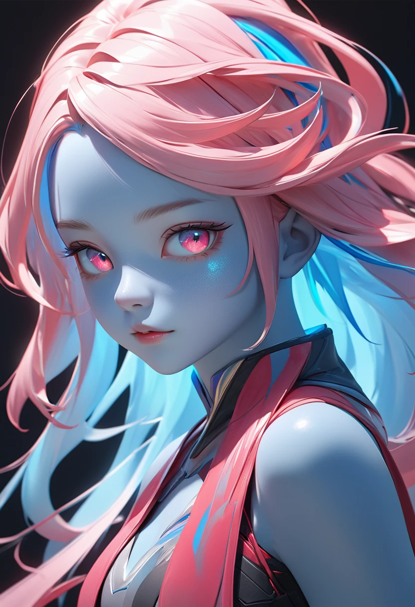 a girl with blue hair and pink hair, a digital painting, inspired by Yanjun Cheng, flowing glowing hair, for hire 3d artist, artwork in the style of guweiz, with blue skin, vivid colors, gloss skin
